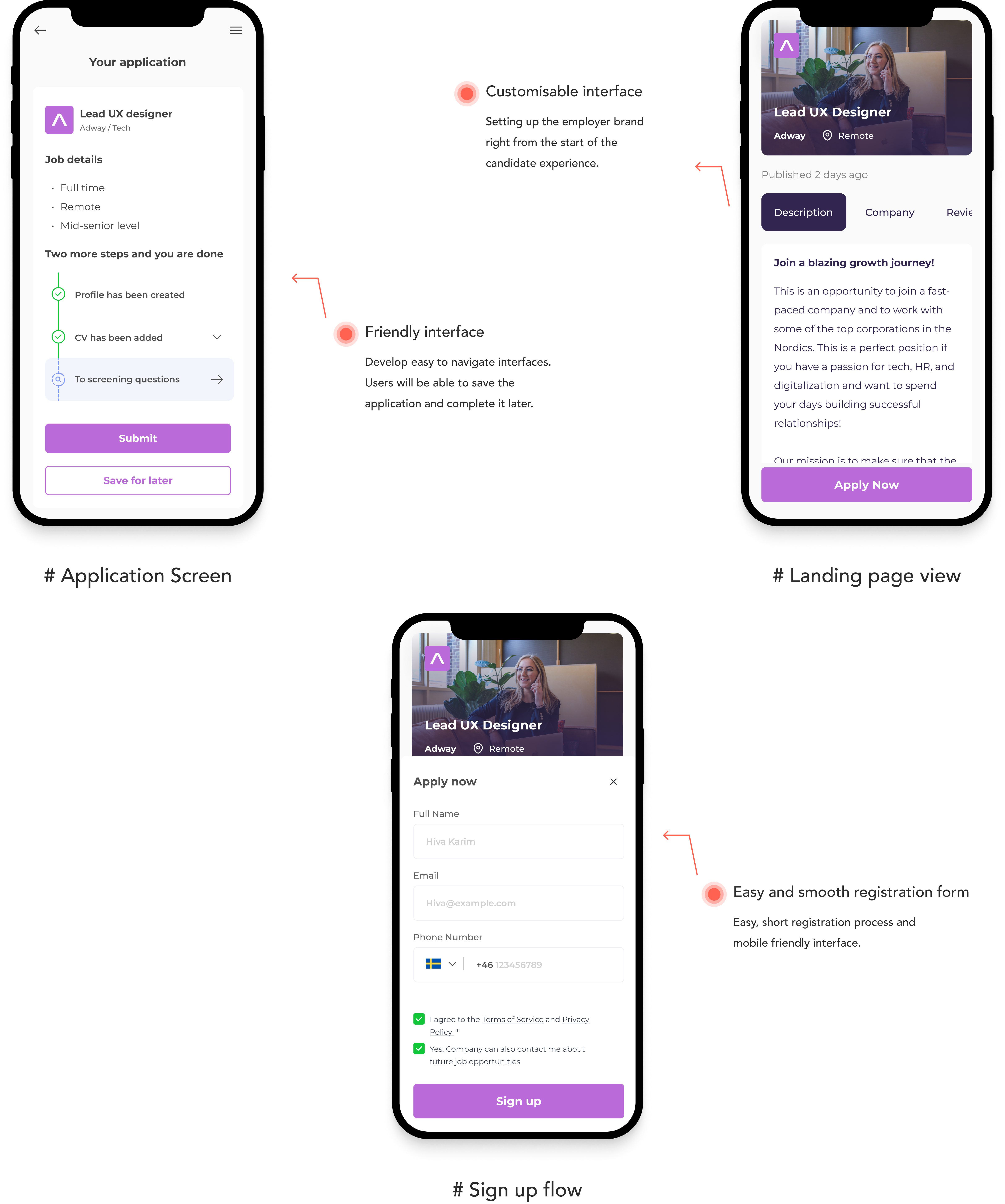 Convert candidate application flow mockups