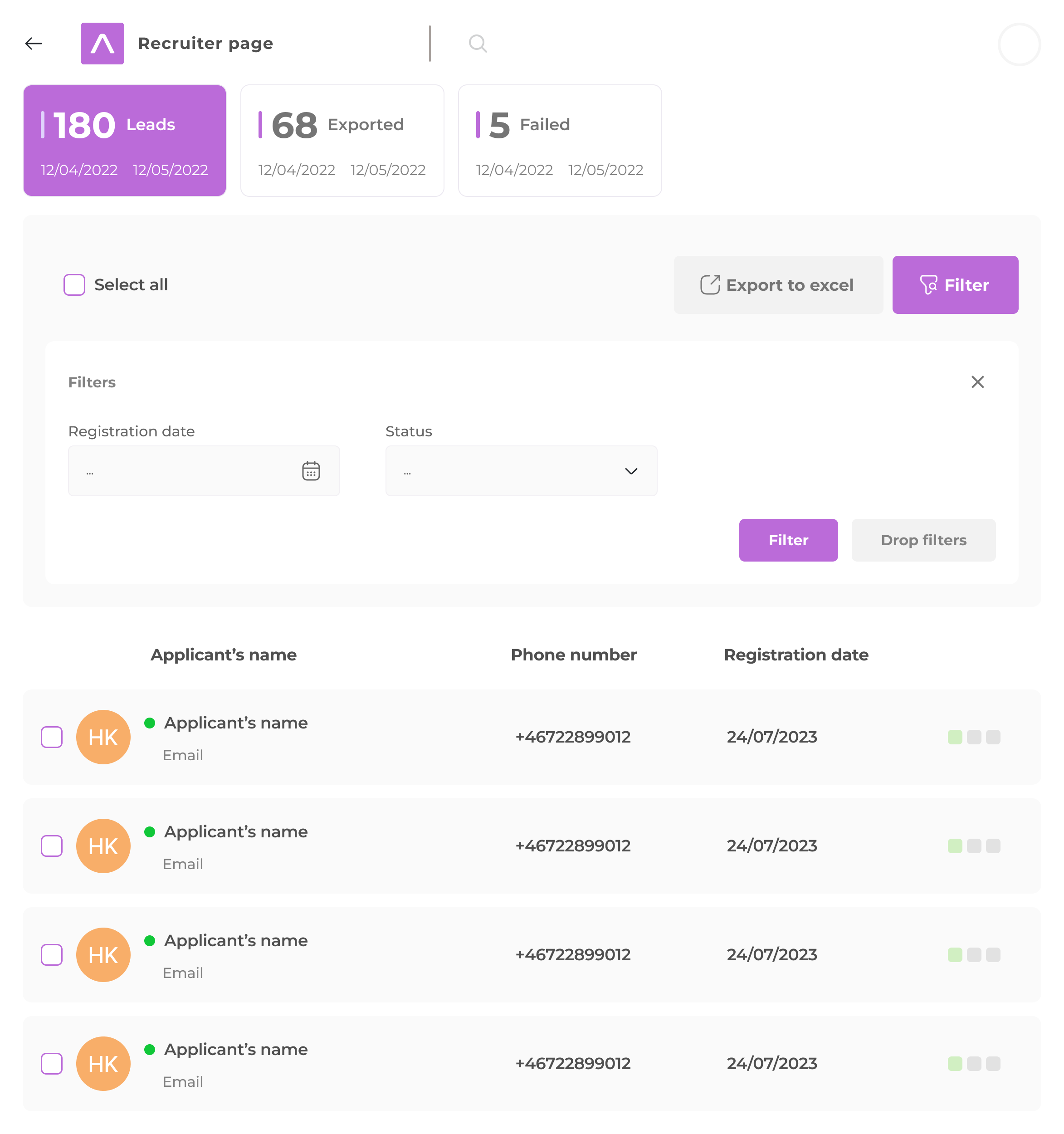Recruiter candidate management interface
